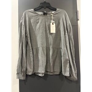 Day to Day Blu Pepper Grey Striped Babydoll Blouse Ribbon Tie Back Large